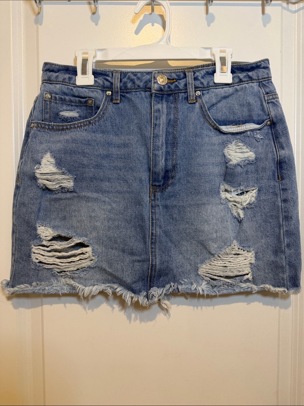 Forever 21 Distressed Light Blue Denim Mini Skirt